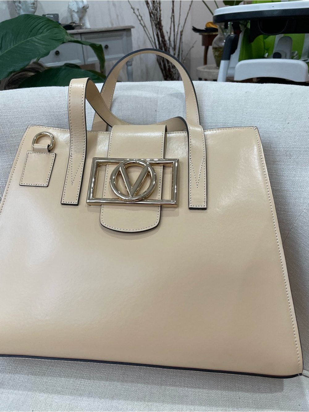 Valentino Cream Patent Leather Top-Handle Satchel with Gold Logo